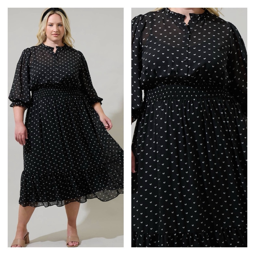 Irene Black and White Bow Smocked Midi Dress - Curvy by sugarlips